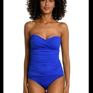 LA BLANCA ISLAND GODDESS TWIST BANDEAU ONE PIECE BUILT IN BRA BLUE SIZE10